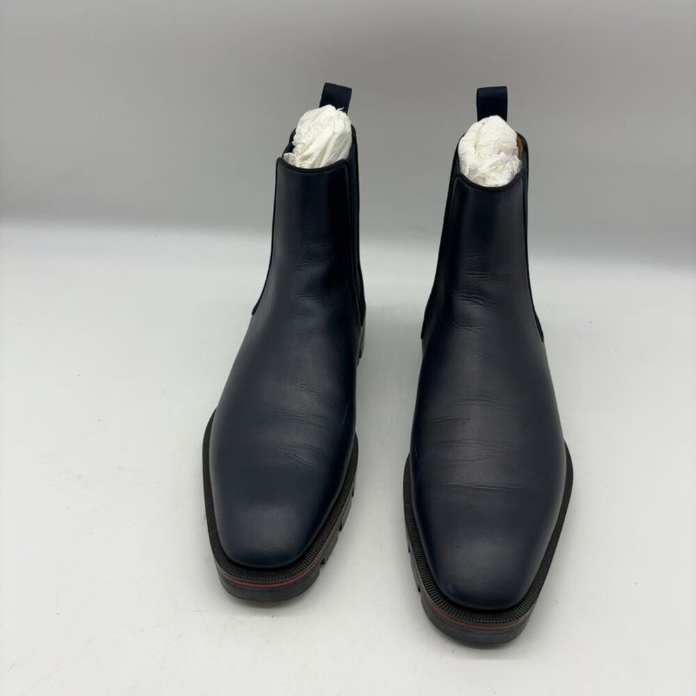 Christian Louboutin Navy Leather Chelsea Boots with Red Trim